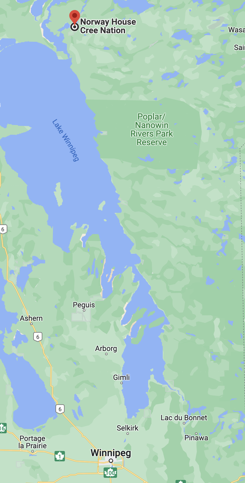 Map of Manitoba — Winnipeg to Norway House Cree Nation along Lake Winnipeg